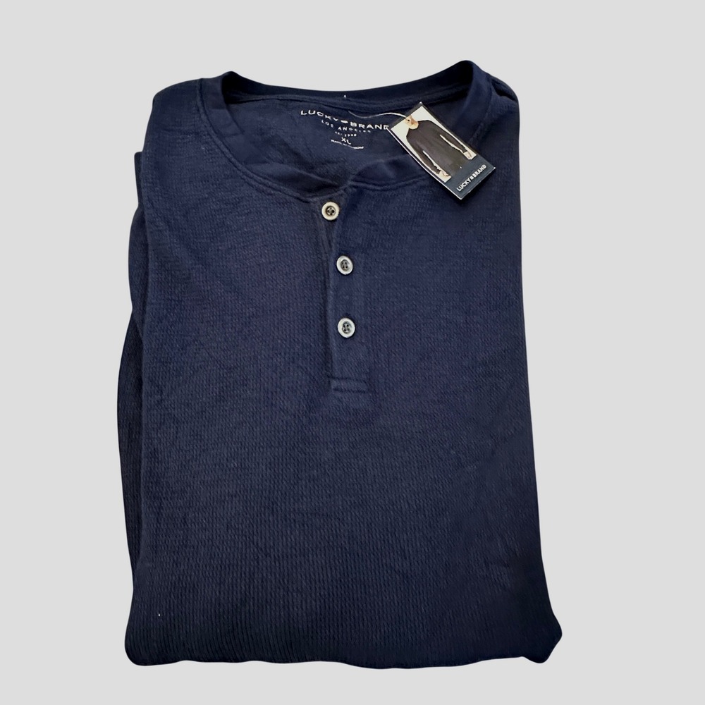 Lucky Brand Henley Shirt Navy Blue Waffle Knit Thermal Long Sleeve Mens XL NWT